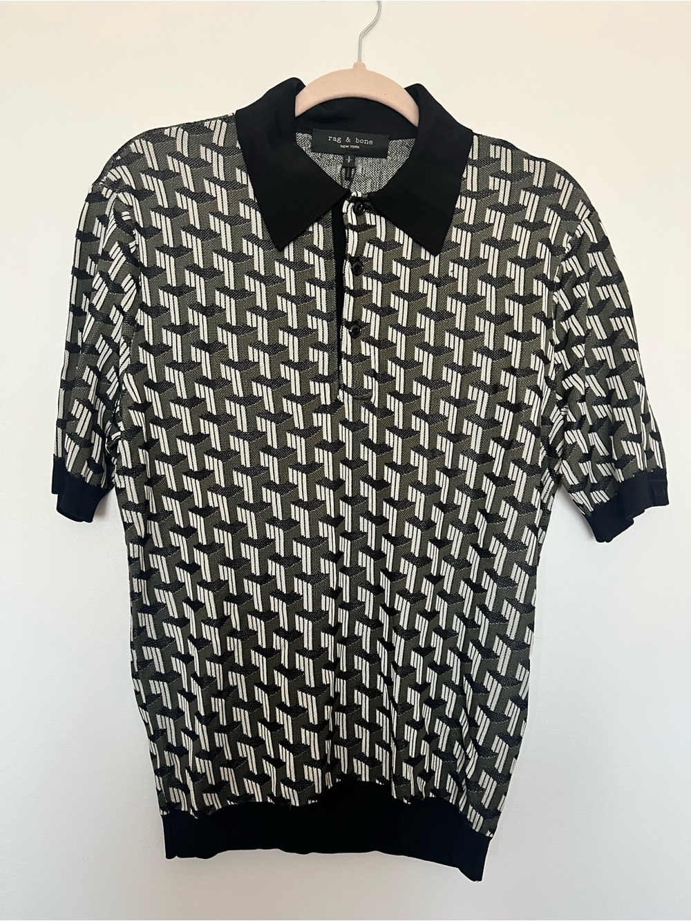 rag & bone Black, Green and White Geometric Knit Polo Shirt